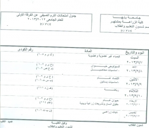 جدول امتحان الفرقه الاولى للترم الصيفى